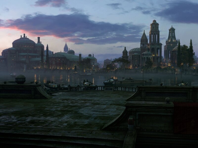 dusk over a futuristic city