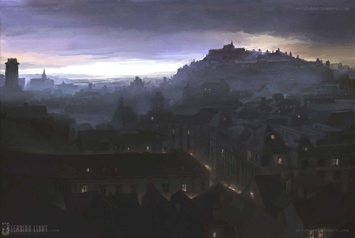 dusk over a misty city