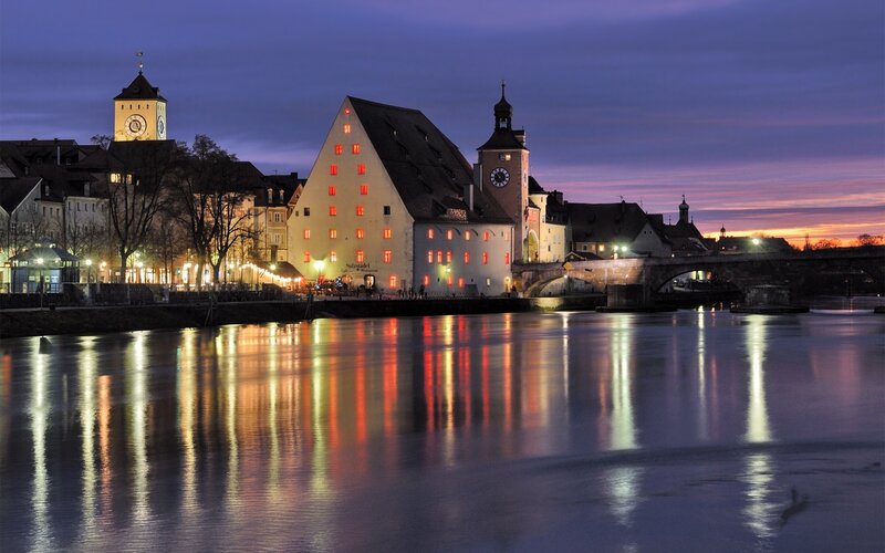 Dusk over a riverside town