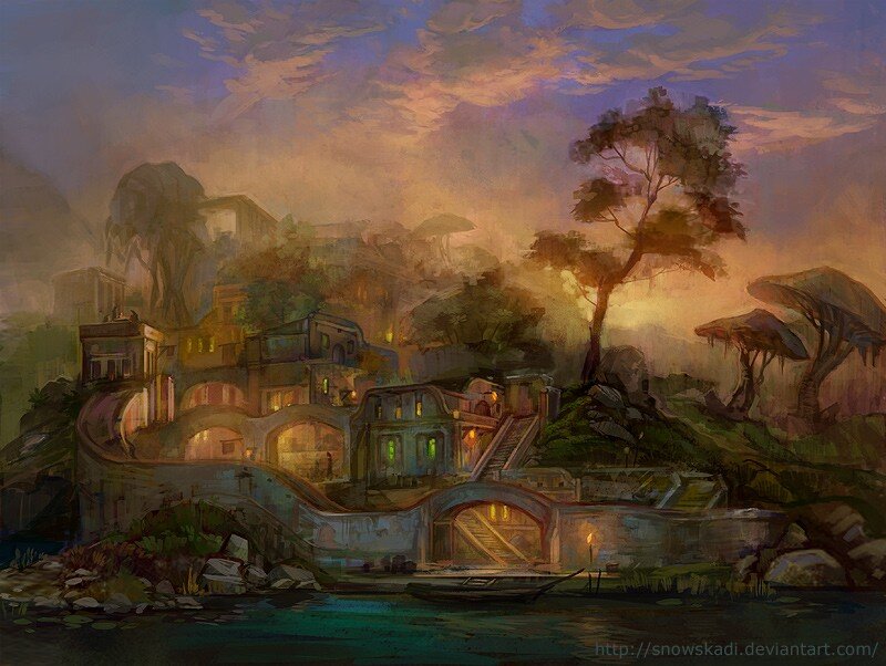 dusk over a riverside village