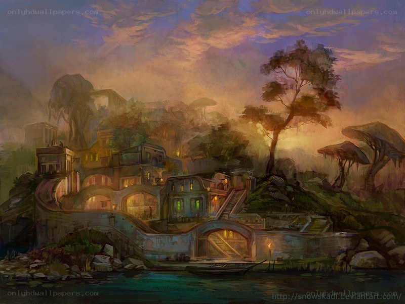 dusk over a riverside village
