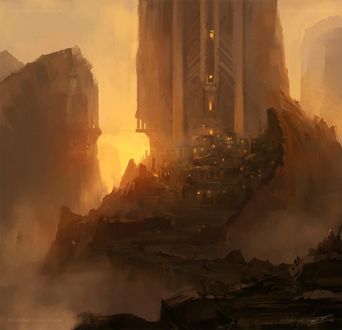 dusty city at sunset