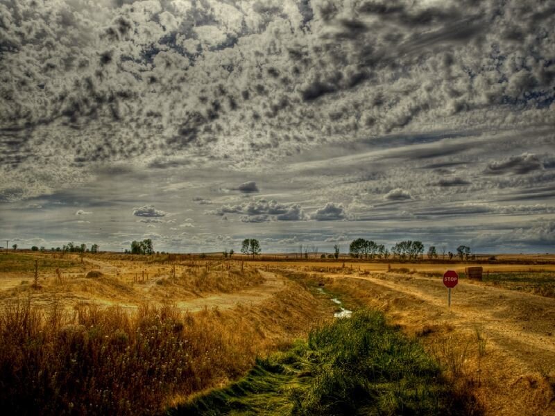 Dusty field under cloudy sky