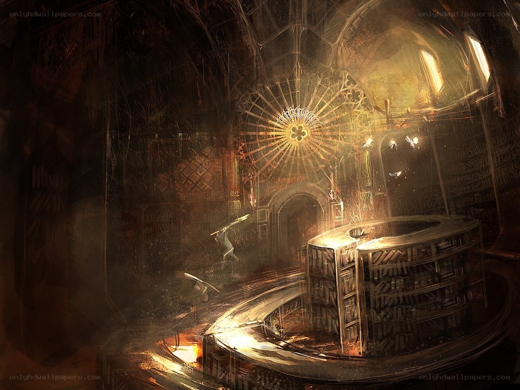 dusty library with glowing light