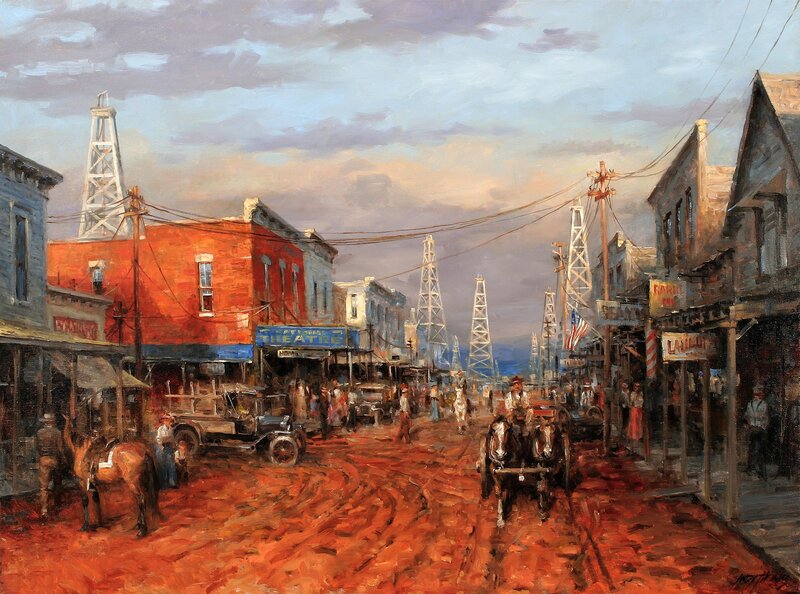 Dusty street with oil derricks