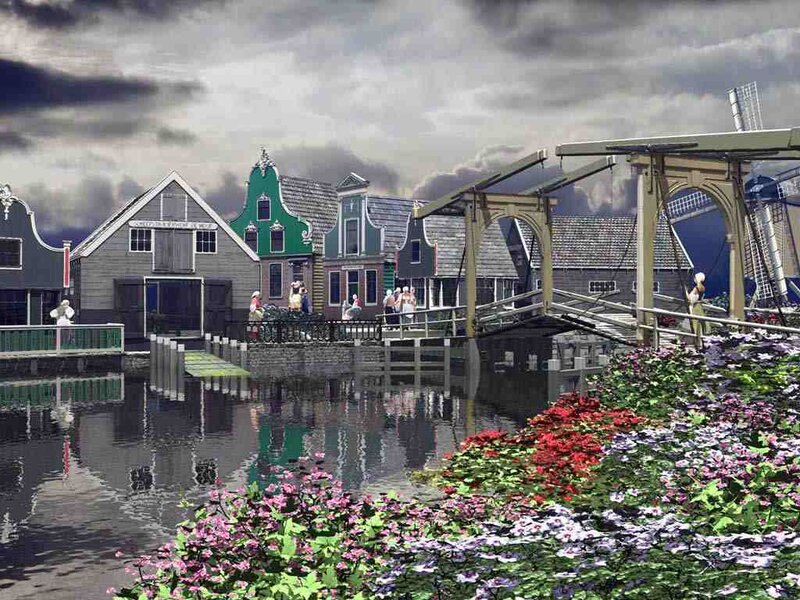 Dutch village with canal and windmill