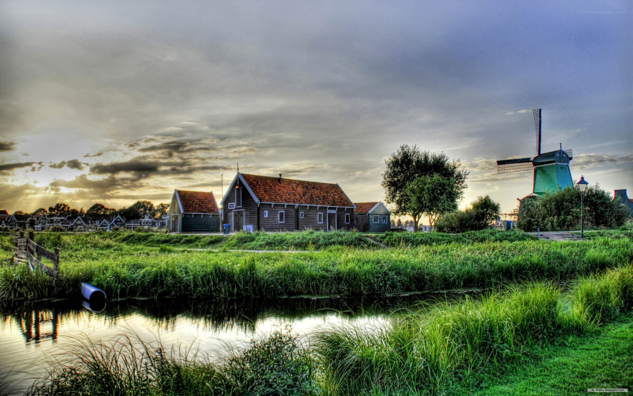 Dutch windmill village at sunset