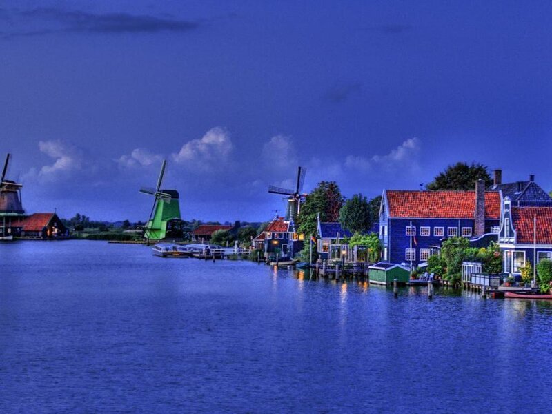 Dutch windmills at dusk