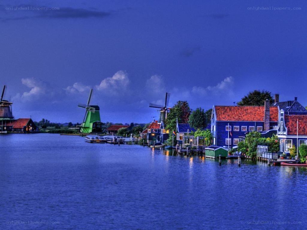Dutch windmills at dusk