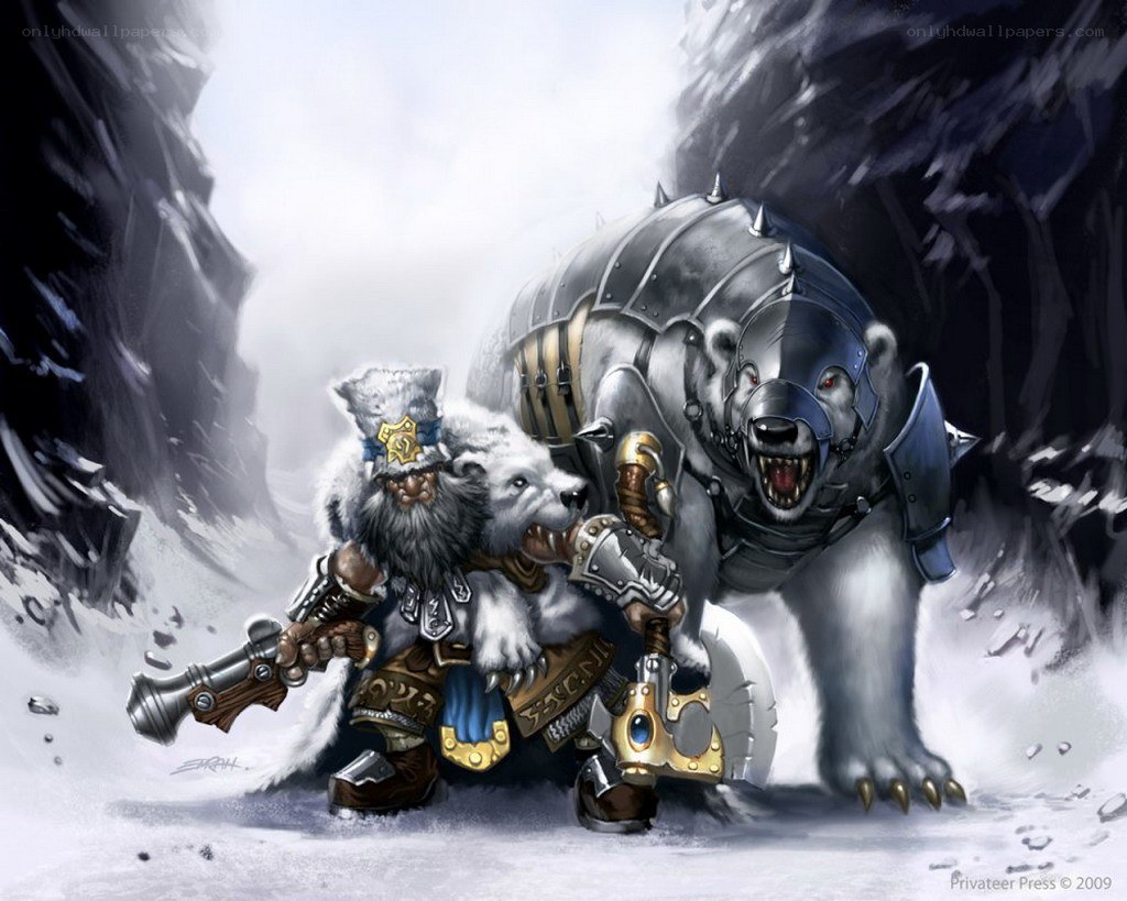 dwarf and armored bear in snow