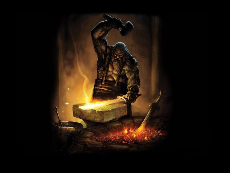 Dwarf Blacksmith Forging Sword — Black, Dramatic