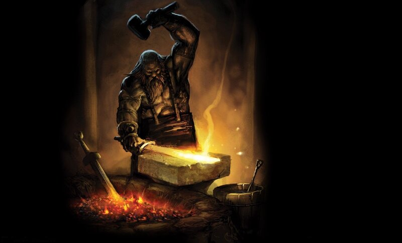 Dwarf Blacksmith Forging Sword — Brown, Dramatic, Night
