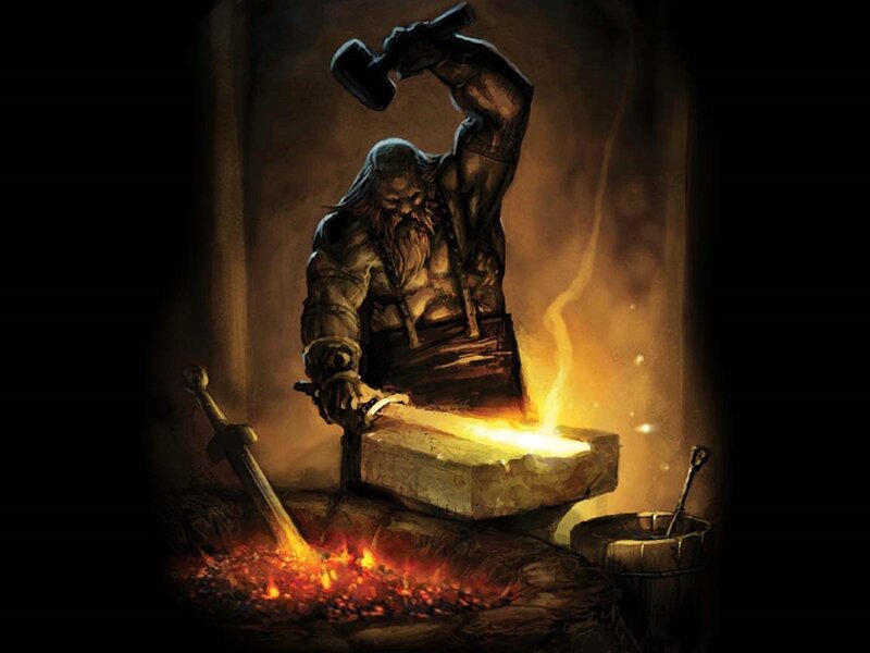 Dwarf Blacksmith Forging Sword — Brown, Dramatic