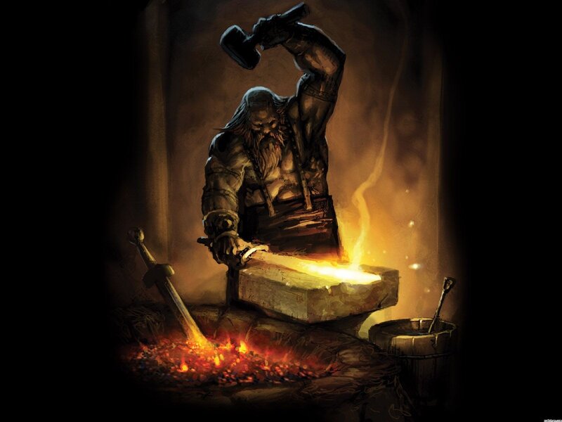 Dwarf Blacksmith Forging Sword — Brown