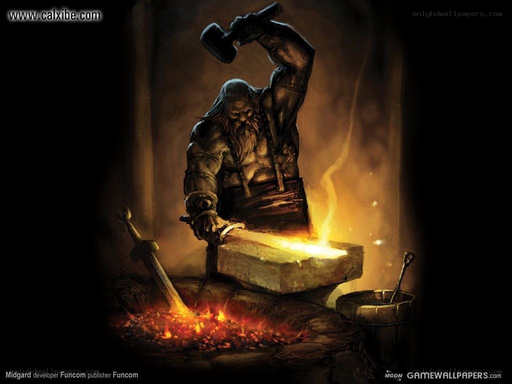 dwarf blacksmith forging sword