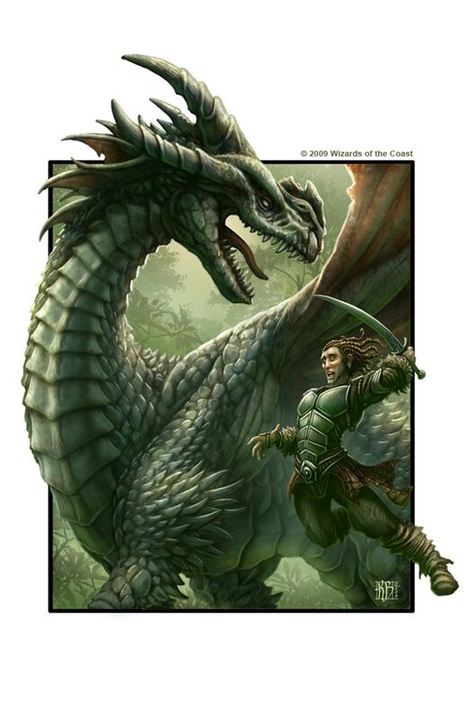 dwarf fighting a green dragon