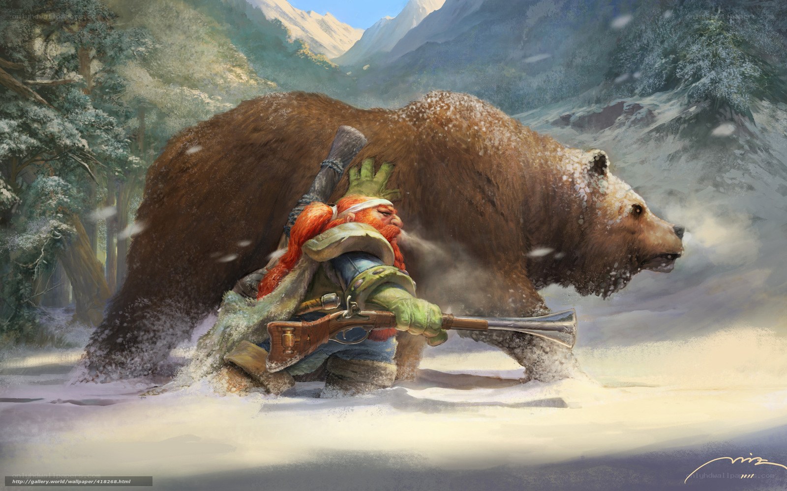 dwarf hunting bear in snow