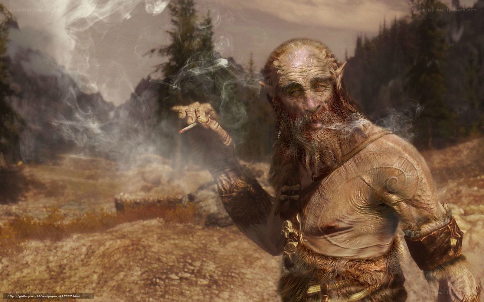 dwarf smoking in mountain landscape