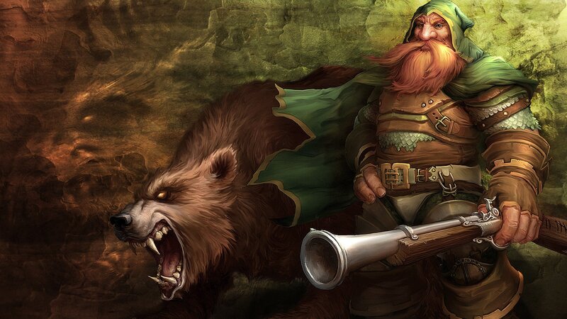 Dwarf with Bear — Green, Dramatic, Digital Art, Gun, Cave