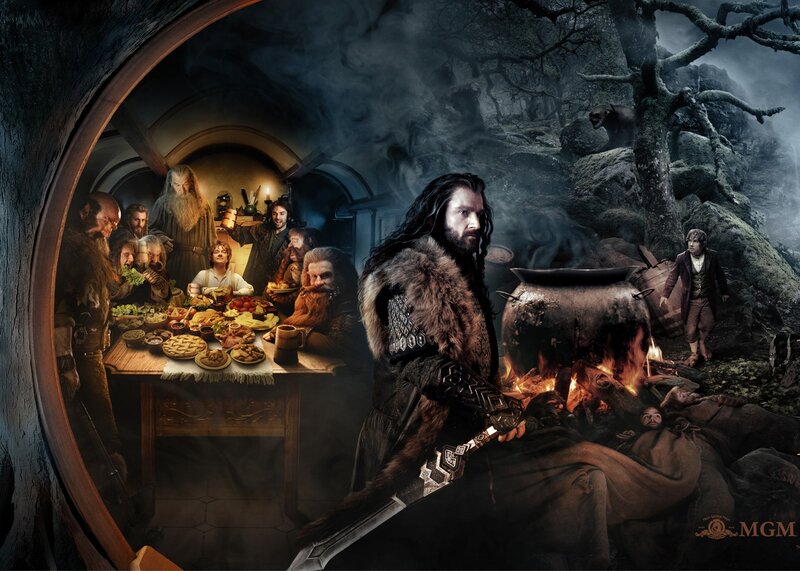 Dwarves and Hobbit at Feast