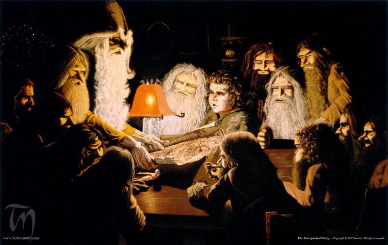 Dwarves and Hobbit at Table