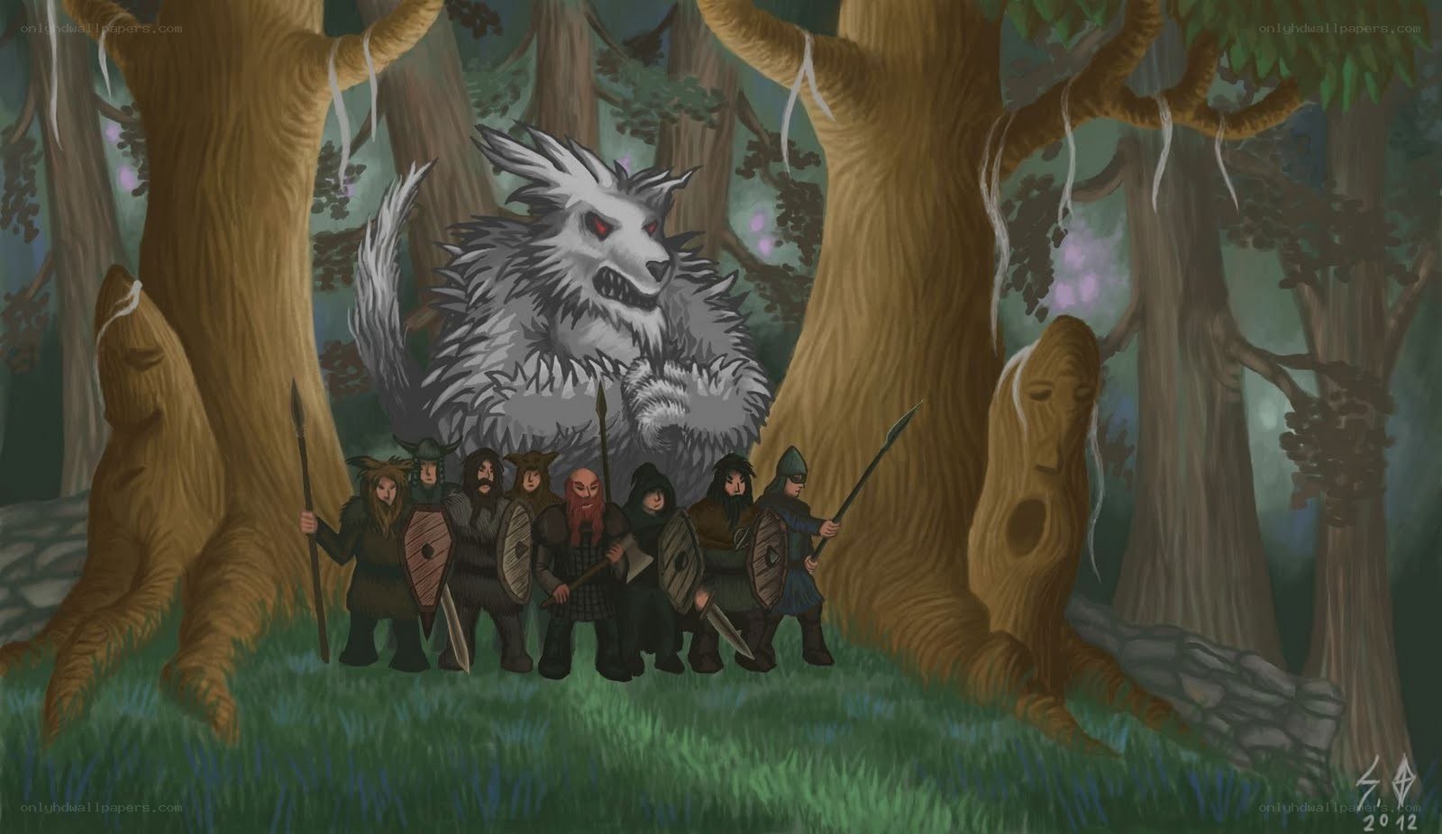 dwarves confront forest beast