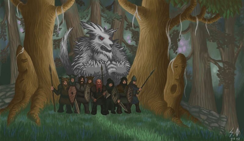 Dwarves Facing Wolf