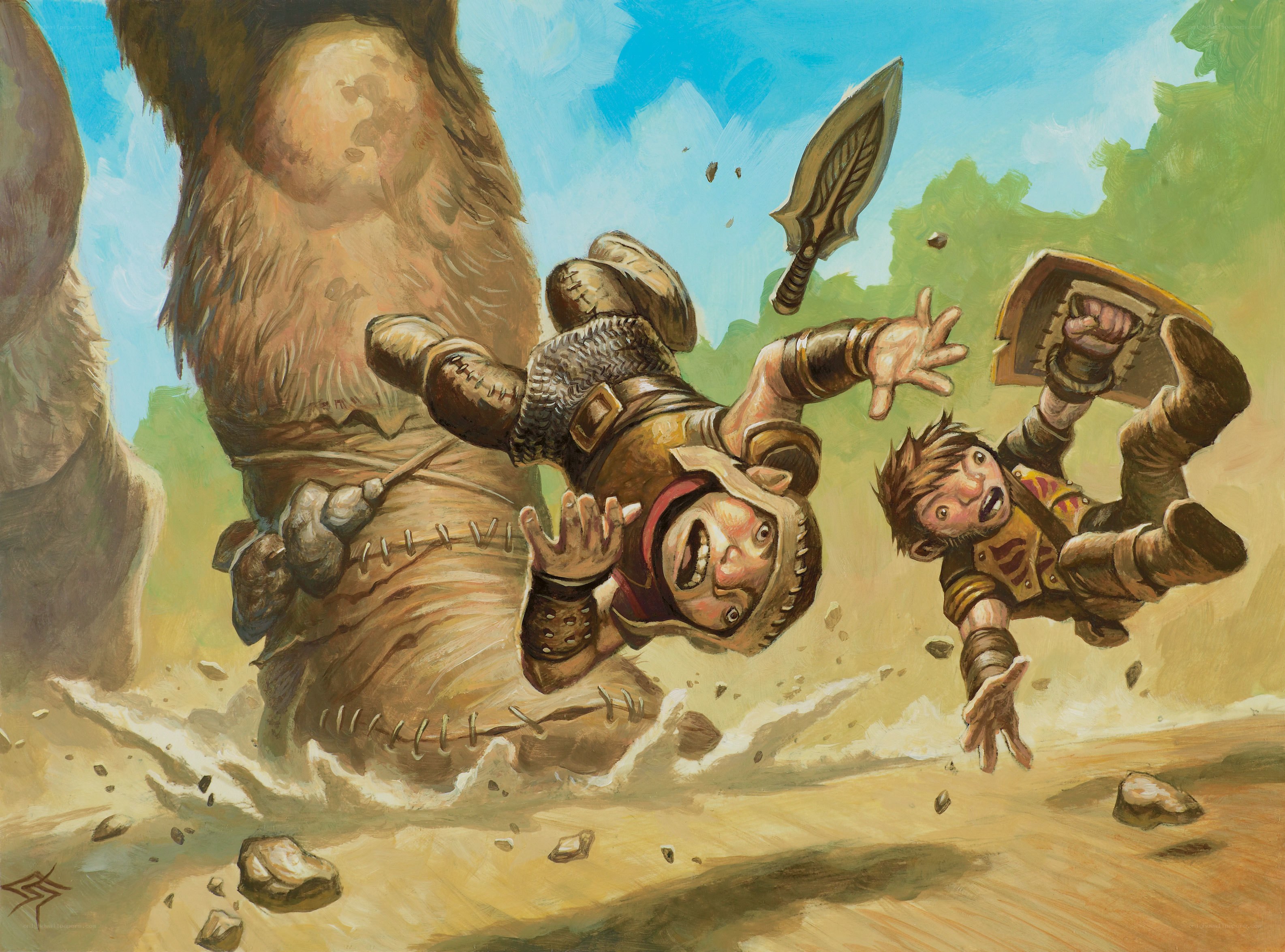 Dwarves flee from a giant