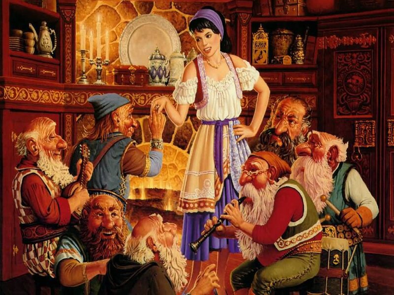 Dwarves in a tavern with a woman