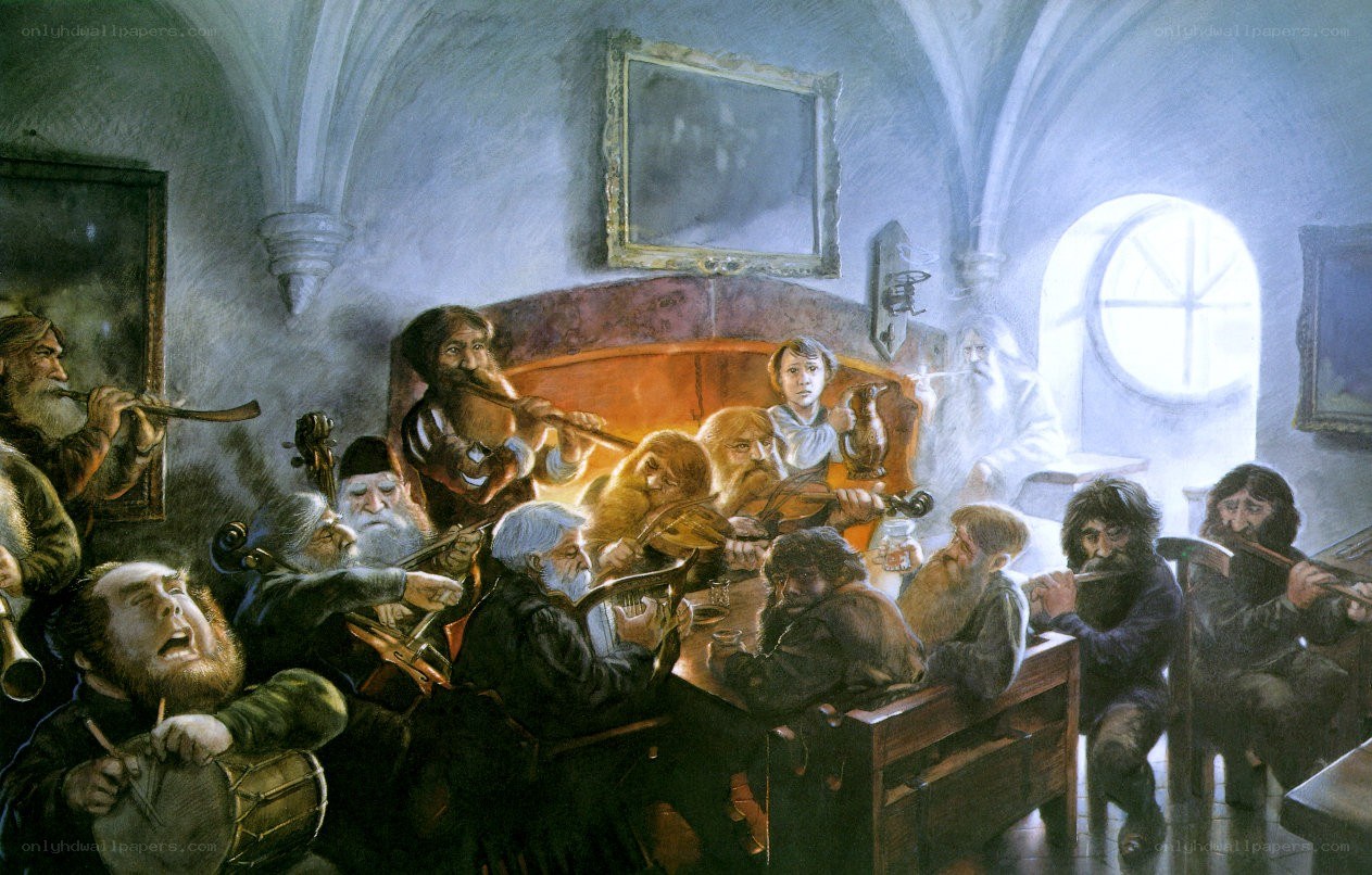 Dwarves playing music in a hall