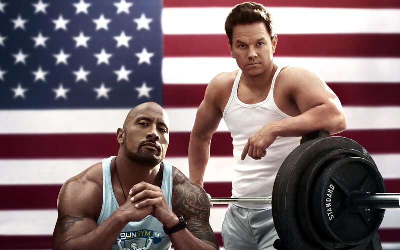 Dwayne Johnson and Mark Wahlberg in gym