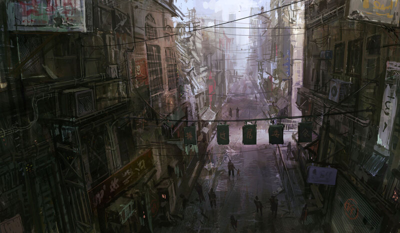 dystopian alleyway scene