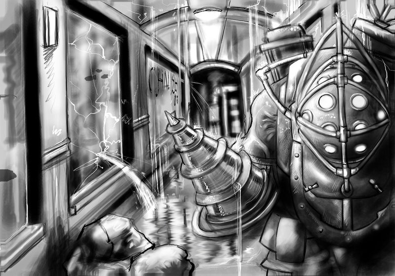 dystopian armored figure in corridor