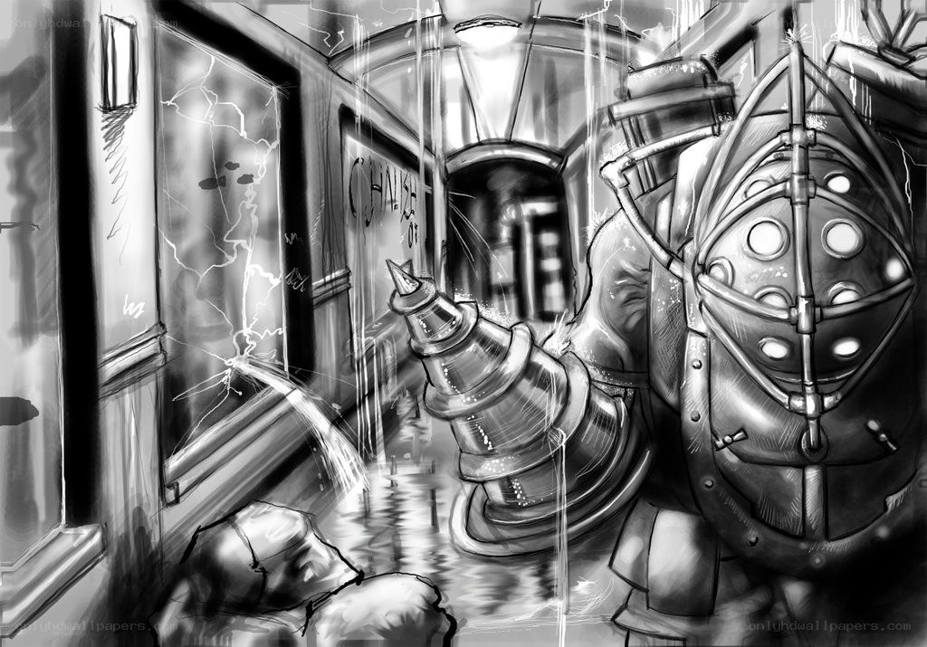 dystopian armored figure in corridor