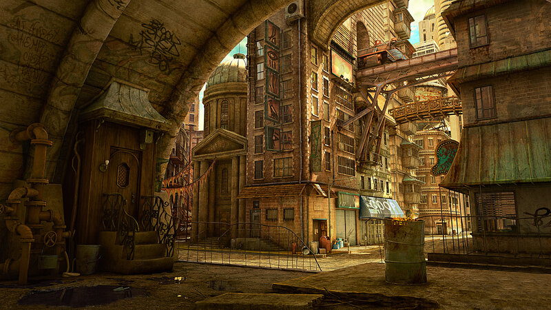 dystopian city alleyway
