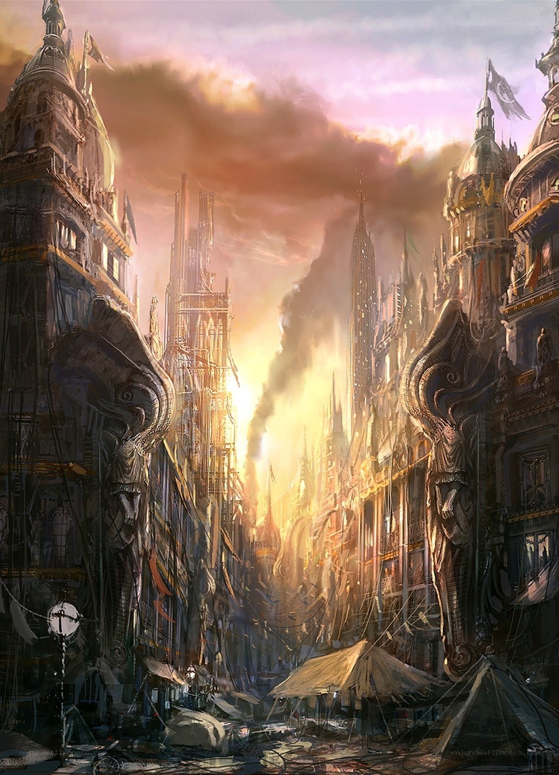 dystopian city at sunset
