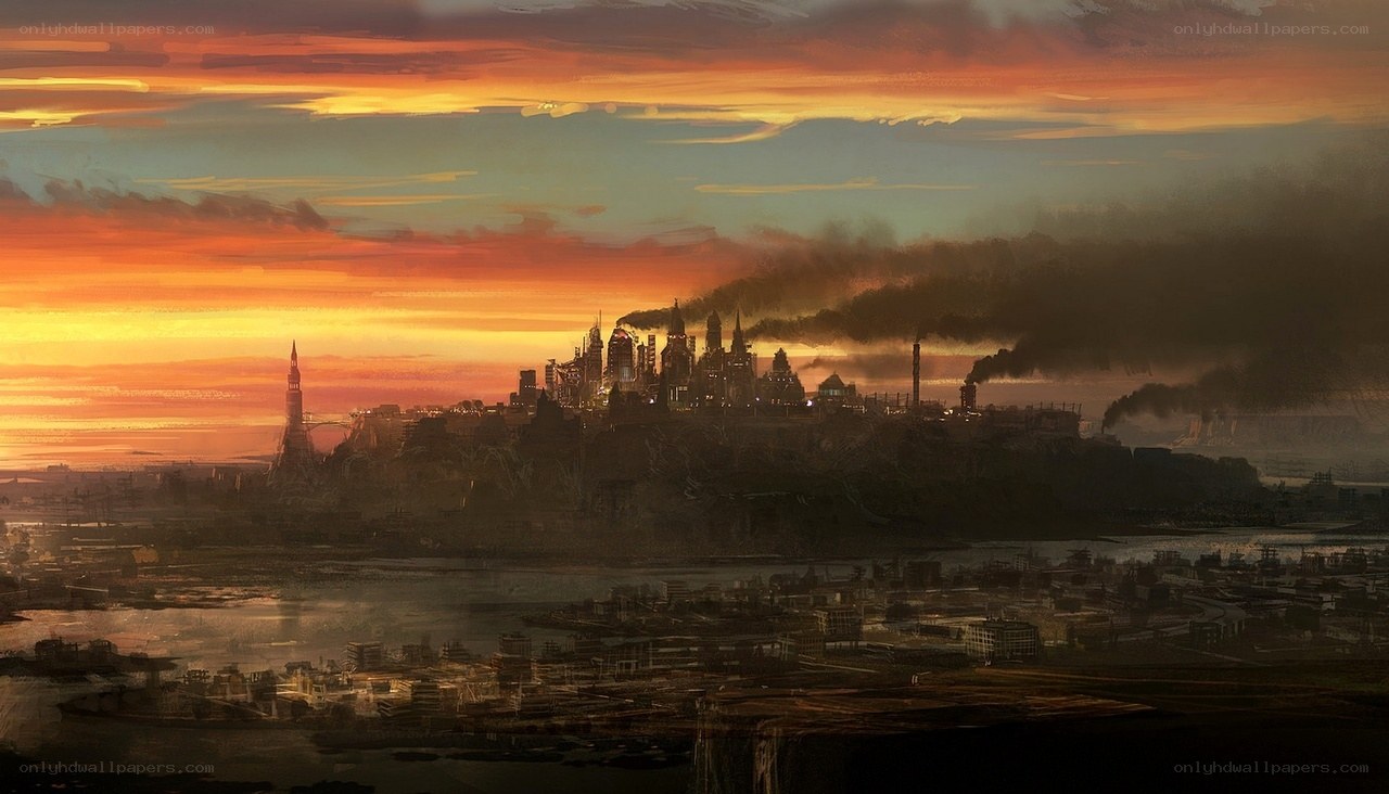 dystopian city at sunset