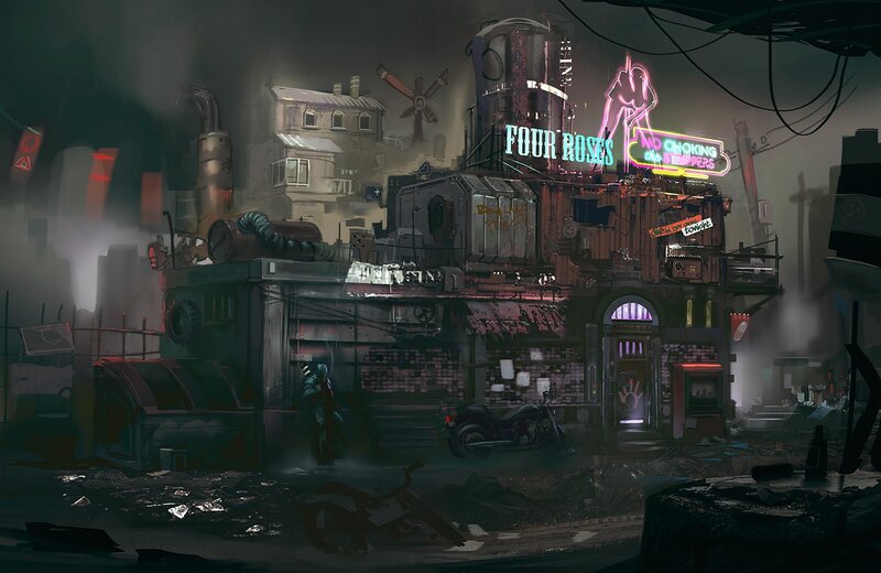 dystopian city street at night