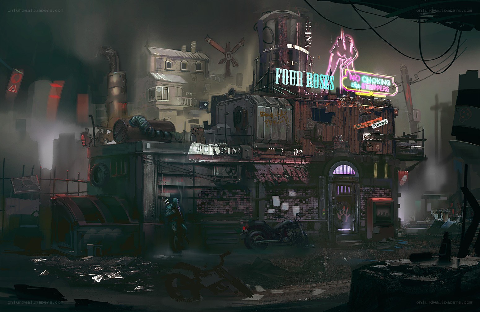 dystopian city street at night