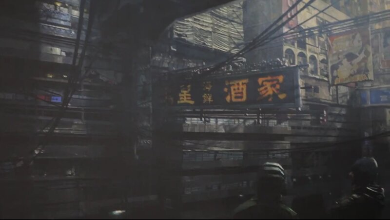 dystopian city street scene