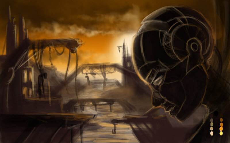 dystopian cityscape at dusk