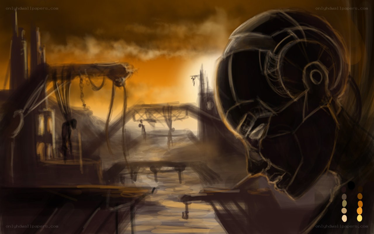 dystopian cityscape at dusk
