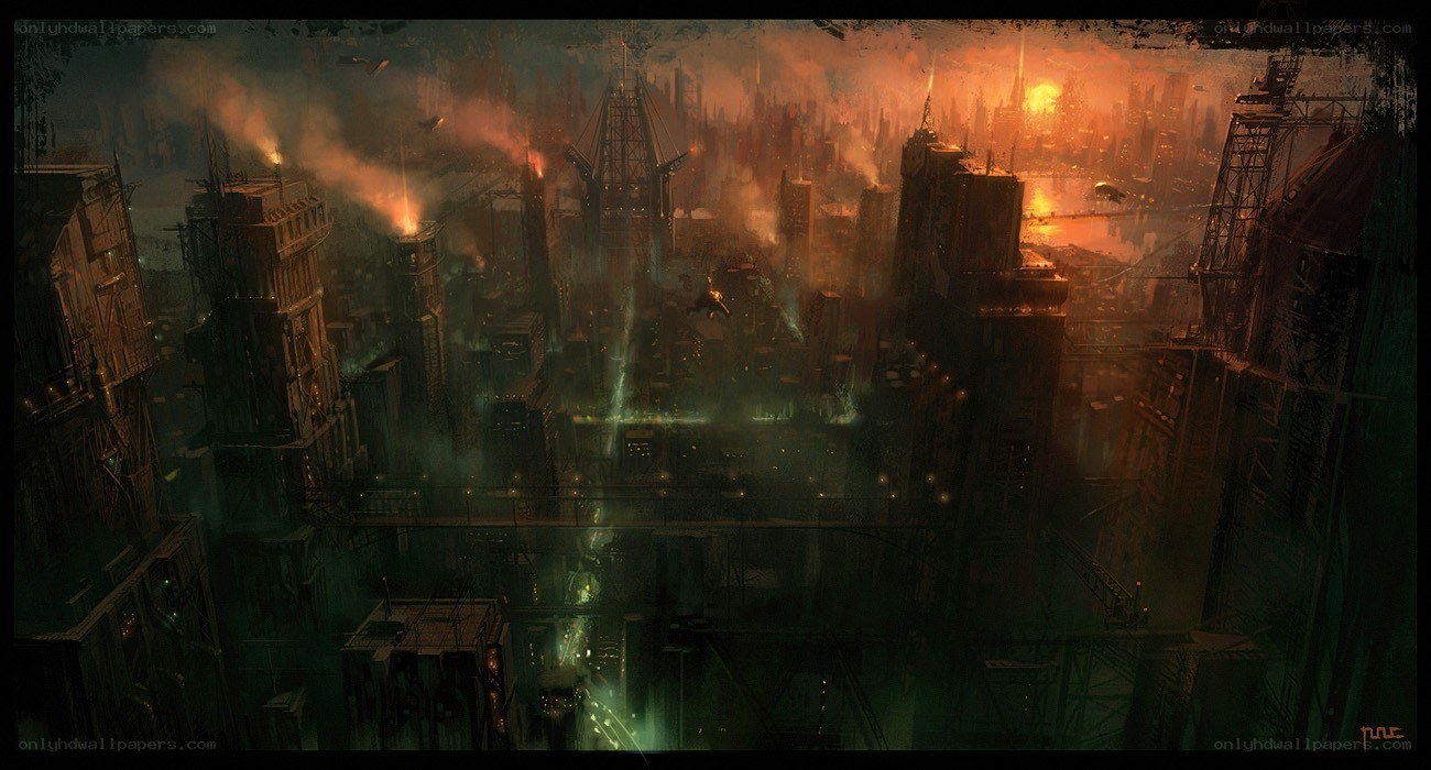 dystopian cityscape at dusk