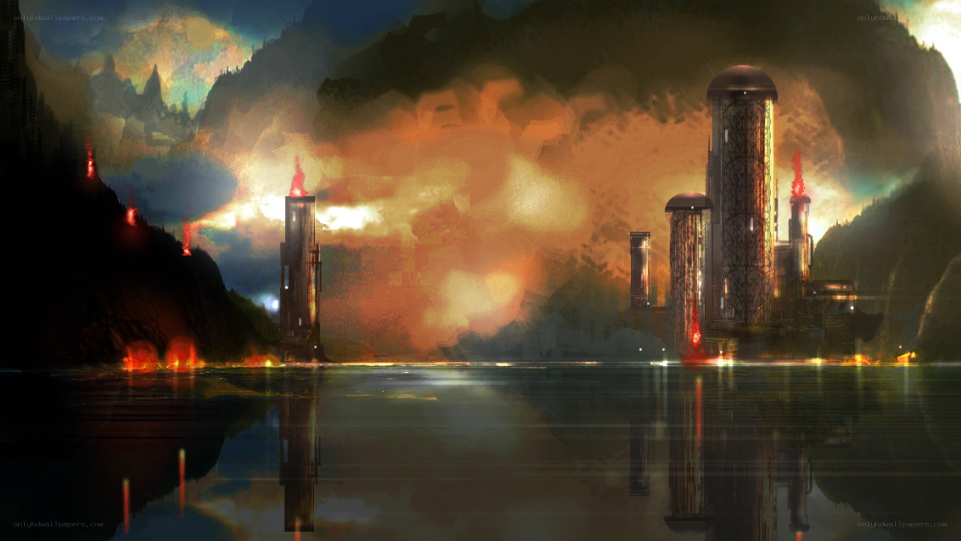 dystopian cityscape at dusk