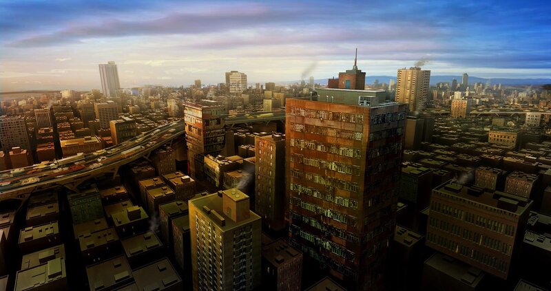 dystopian cityscape at dusk