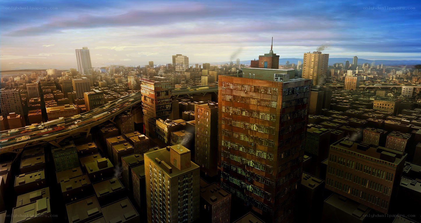 dystopian cityscape at dusk