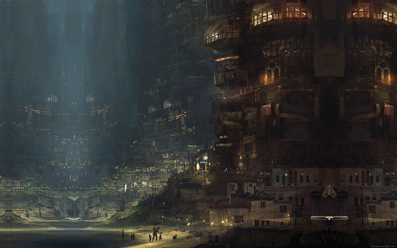dystopian cityscape at night