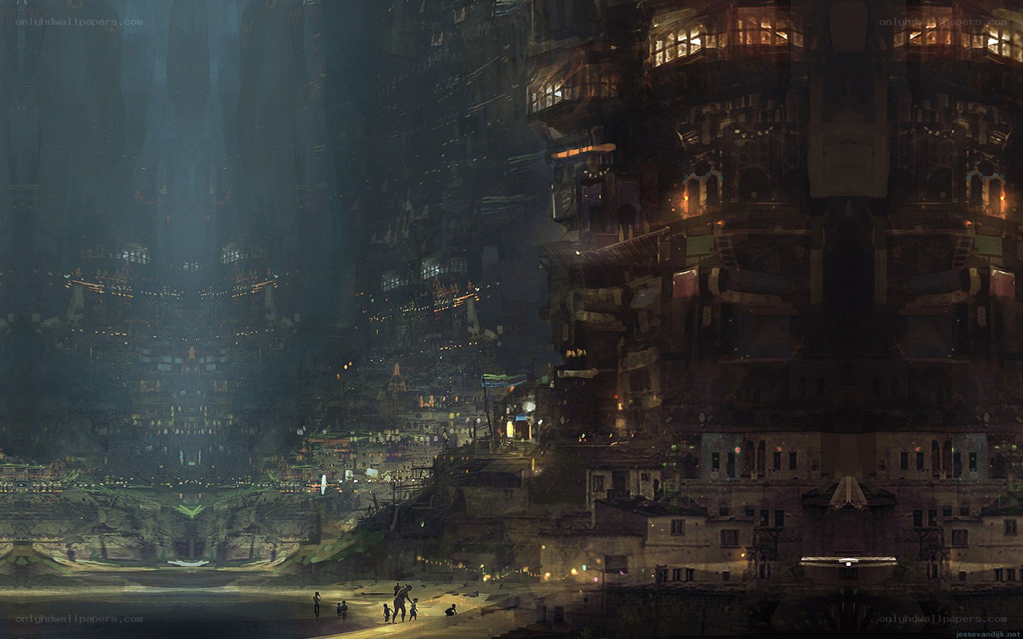 dystopian cityscape at night