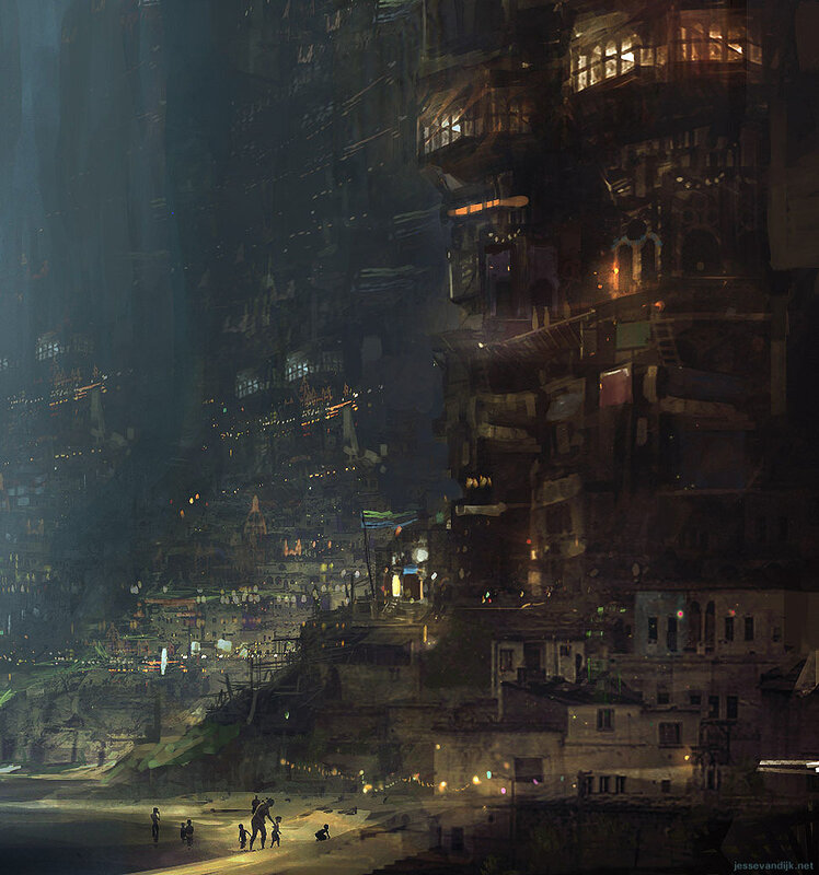 dystopian cityscape at night