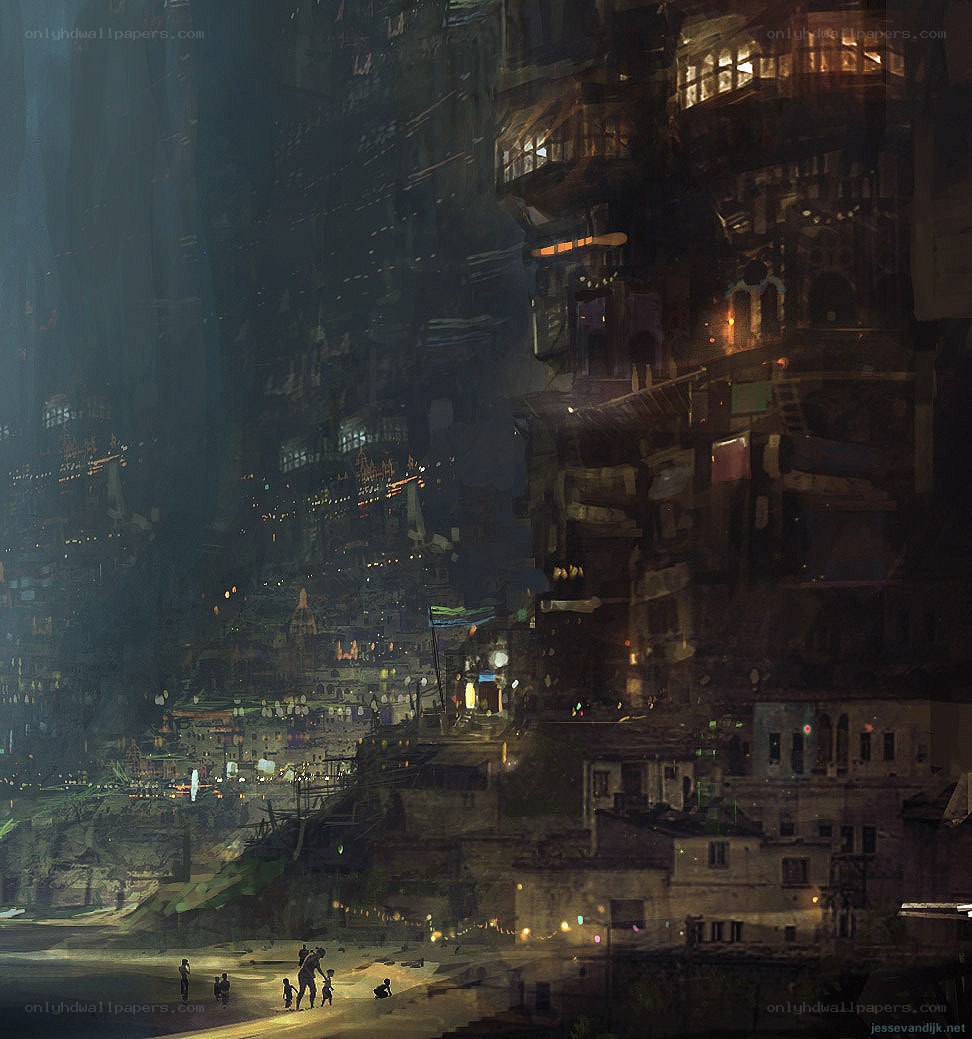 dystopian cityscape at night